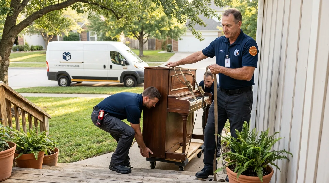 Licensed piano movers securing grand piano in Effort, PA