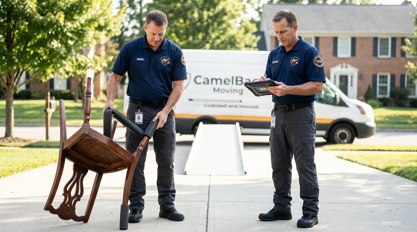 Movers inspecting furniture for damage prevention before loading in Effort, PA