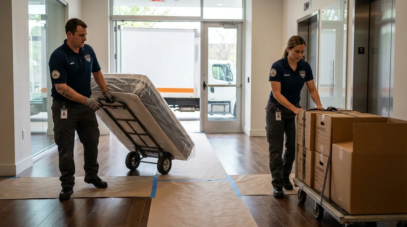 Professional apartment movers loading elevator in Effort, PA